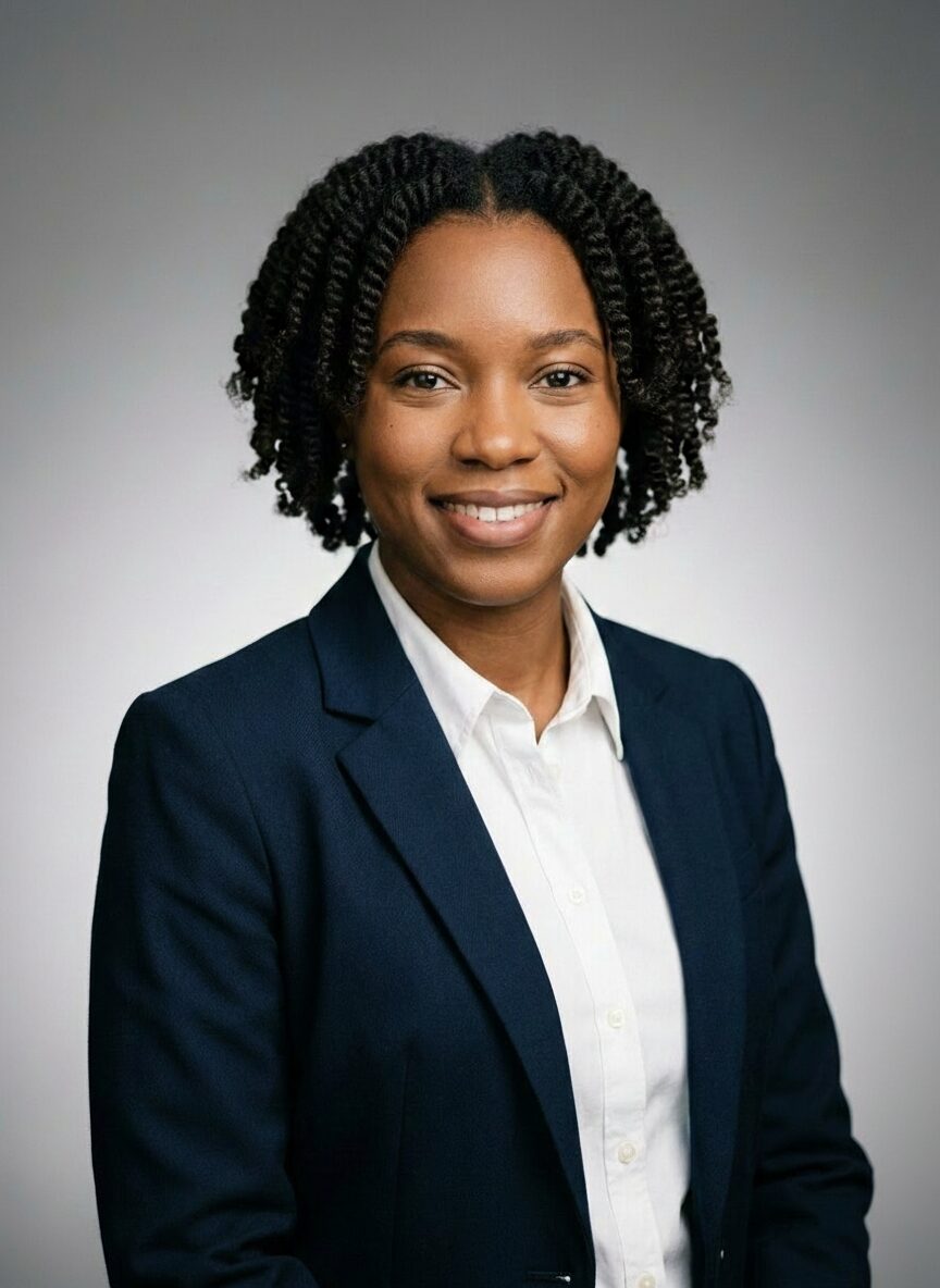 Professional headshot example with structured dark blazer and neutral studio background