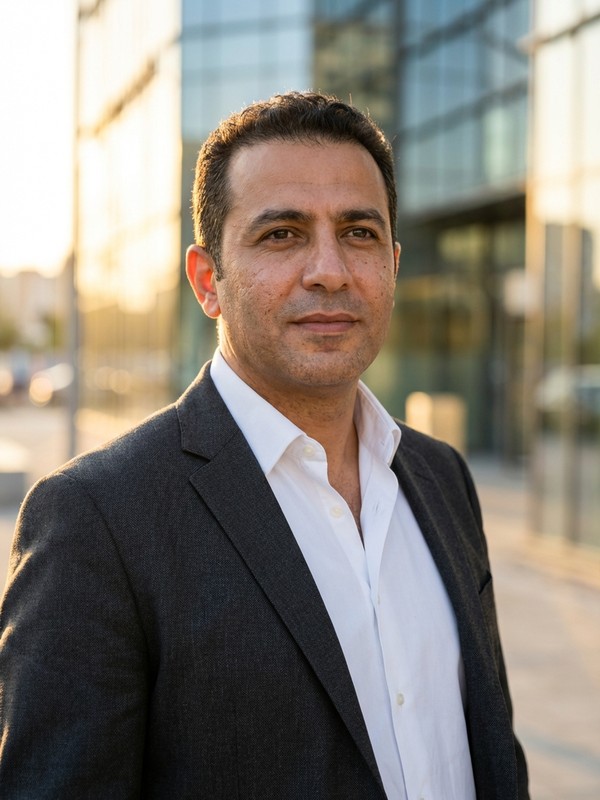 Outdoor corporate portrait example with polished business-casual outfit