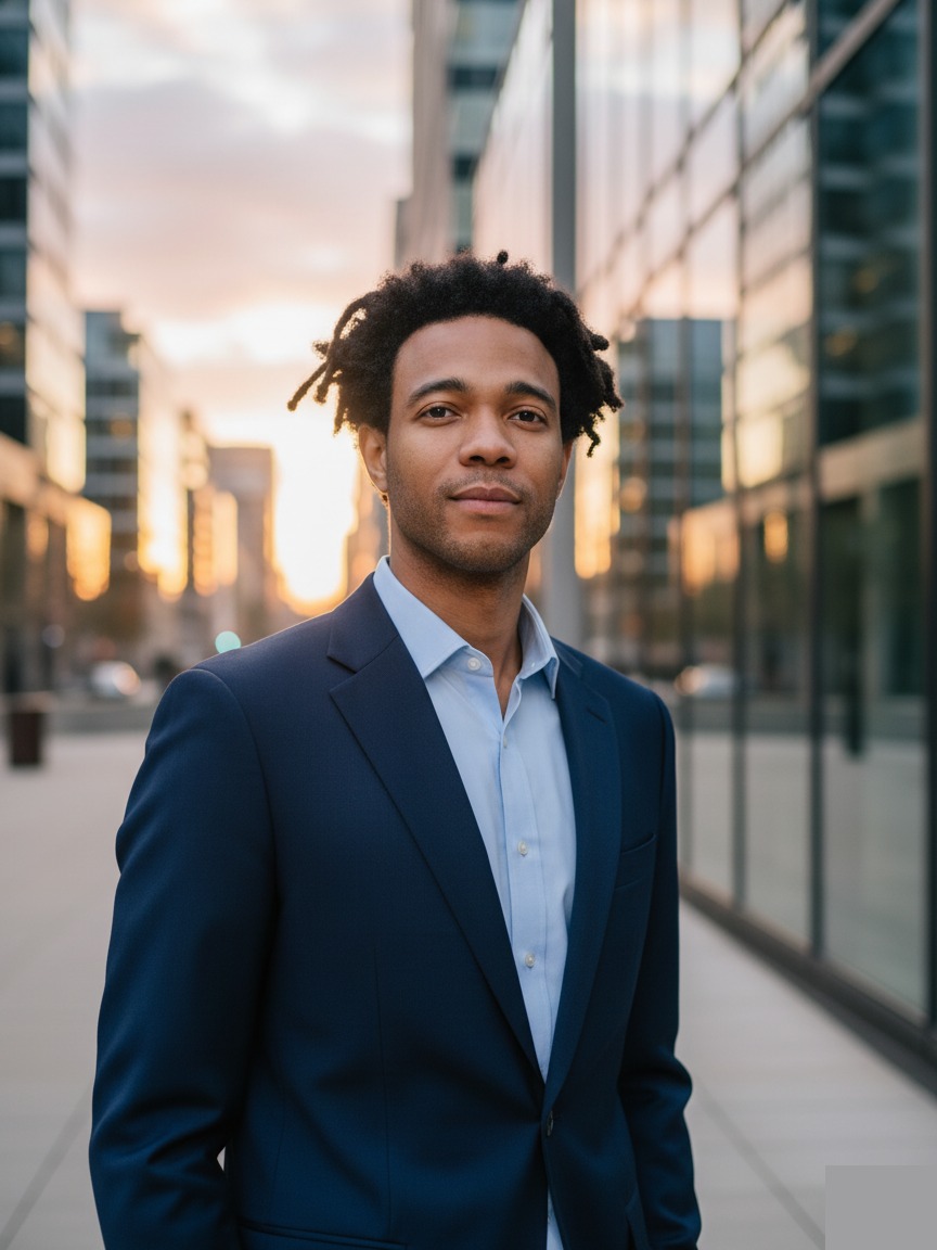 Outdoor corporate portrait example with polished business-casual outfit